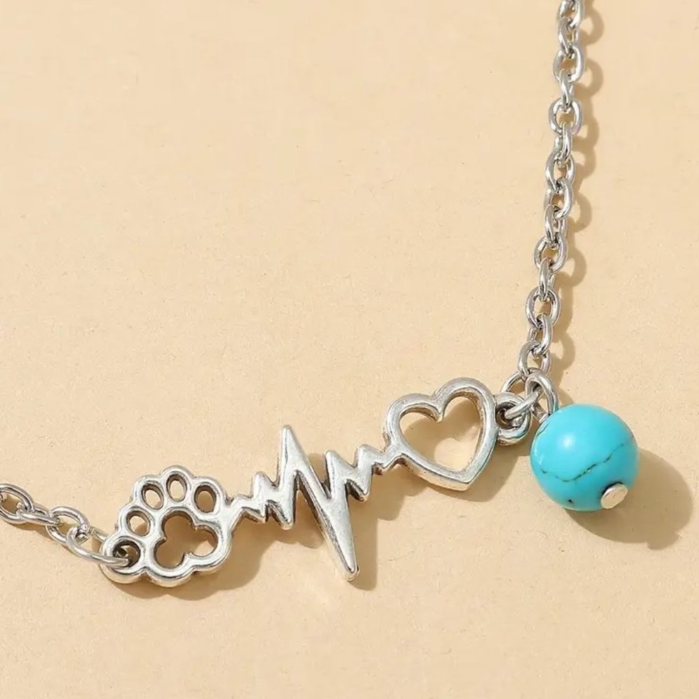 Boho Turquoise Silver Ankle Chain Anklet Dog Paw Heart Heartbeat NEW